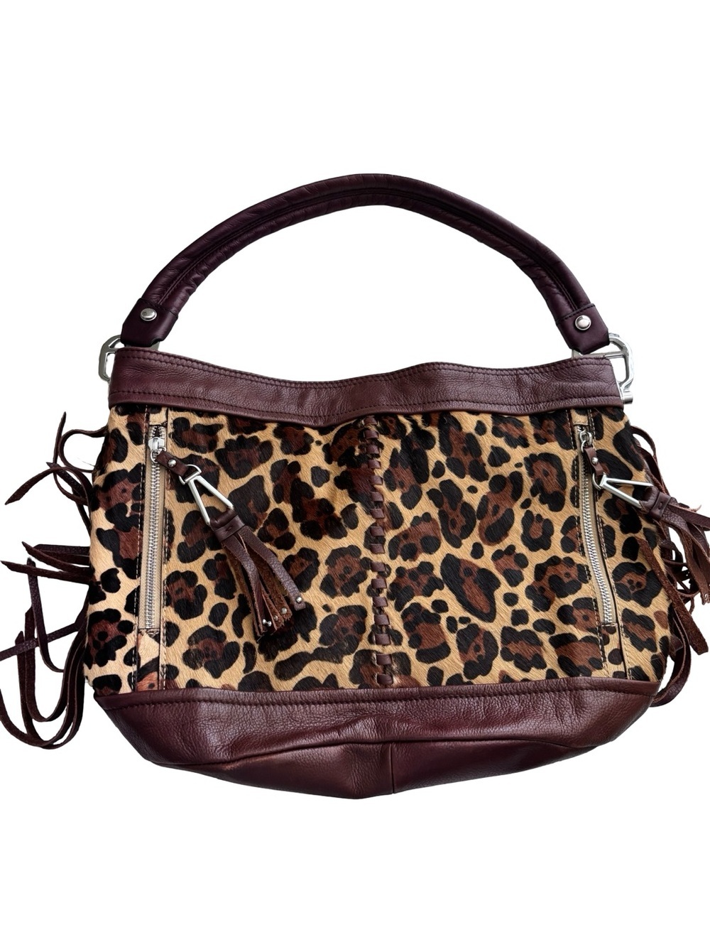 b. makowsky chocolate brown and Tan Leopard Fringe Shoulder Bag - Picture 2 of 13